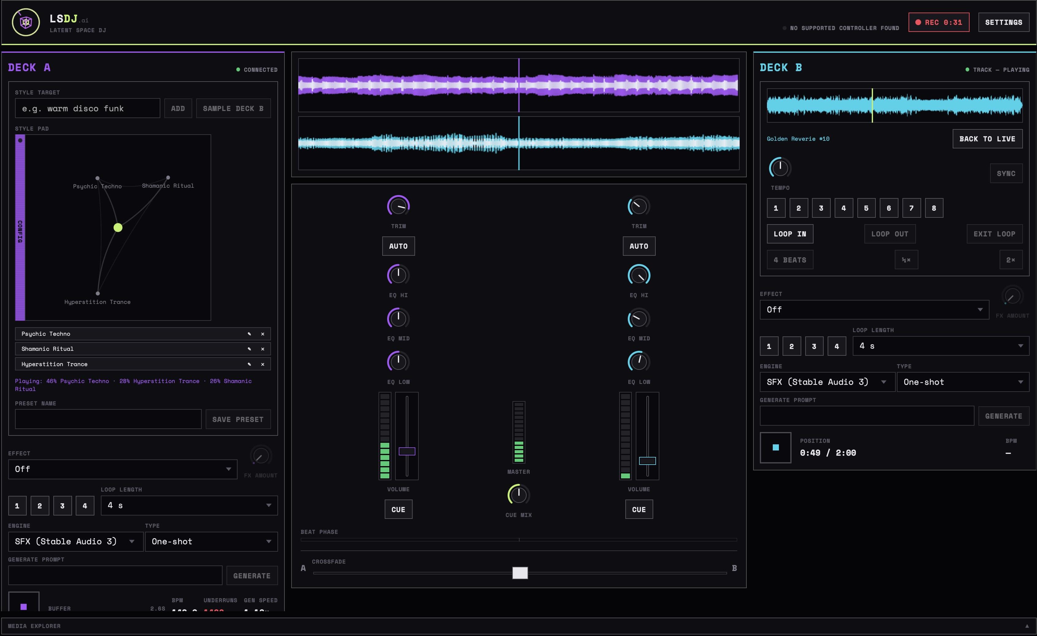 The LSDJ booth: two deck panels with style pads and generate prompts on either side of a central mixer with EQ, faders, and a crossfader